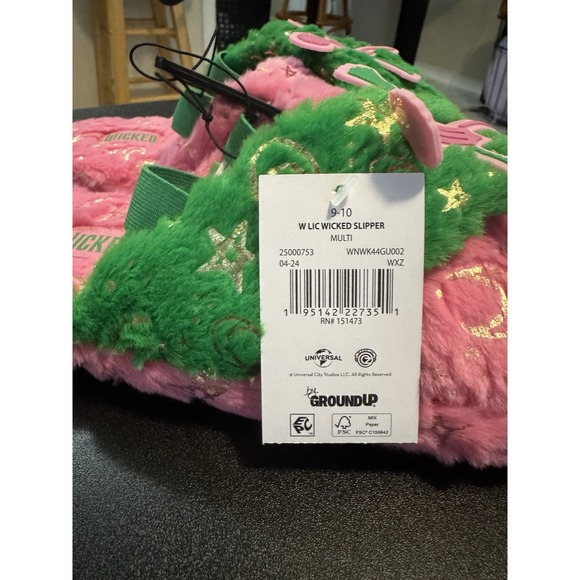 Wicked Pink Green Gold Faux Fur Slip-On Women's Slippers Star Pattern 9-10 - Picture 2 of 2